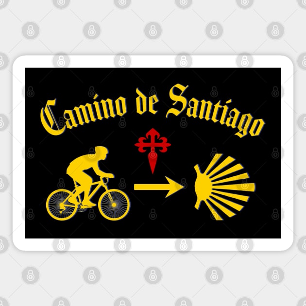 Camino de Santiago Typography Man Riding a  Bicycle Yellow Arrow Scallop Shell Red Cross Magnet by Brasilia Catholic